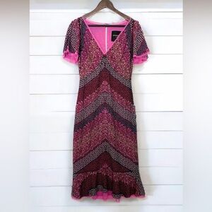 Le Superbe Floral Chiffon Raw Hem Pink Overlay Midi Dress Flutter Sleeve 4